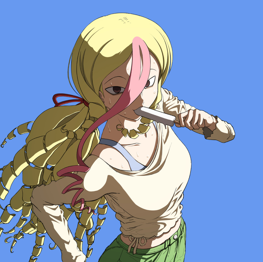 1girl, blonde_hair, blue_eyes, eating, food, highres, indie_virtual_youtuber, kyamuu