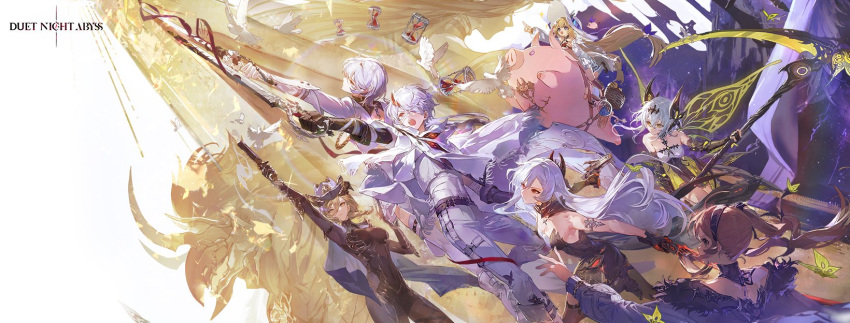 1boy, 6+girls, animal, artist_request, bare_shoulders, berenica_(duet_night_abyss), bird, black_bodysuit