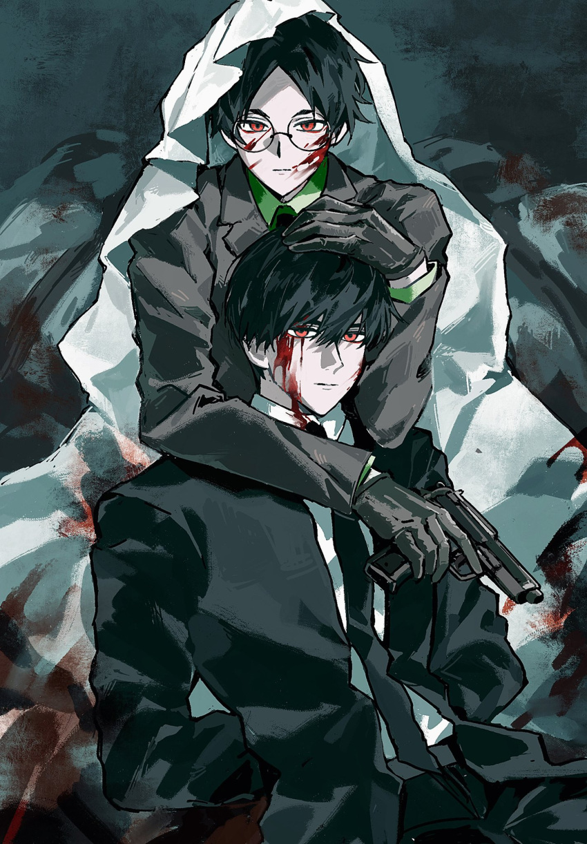 2boys, aomi_(ooe), black_gloves, black_hair, black_jacket, black_necktie, black_pants, black_suit