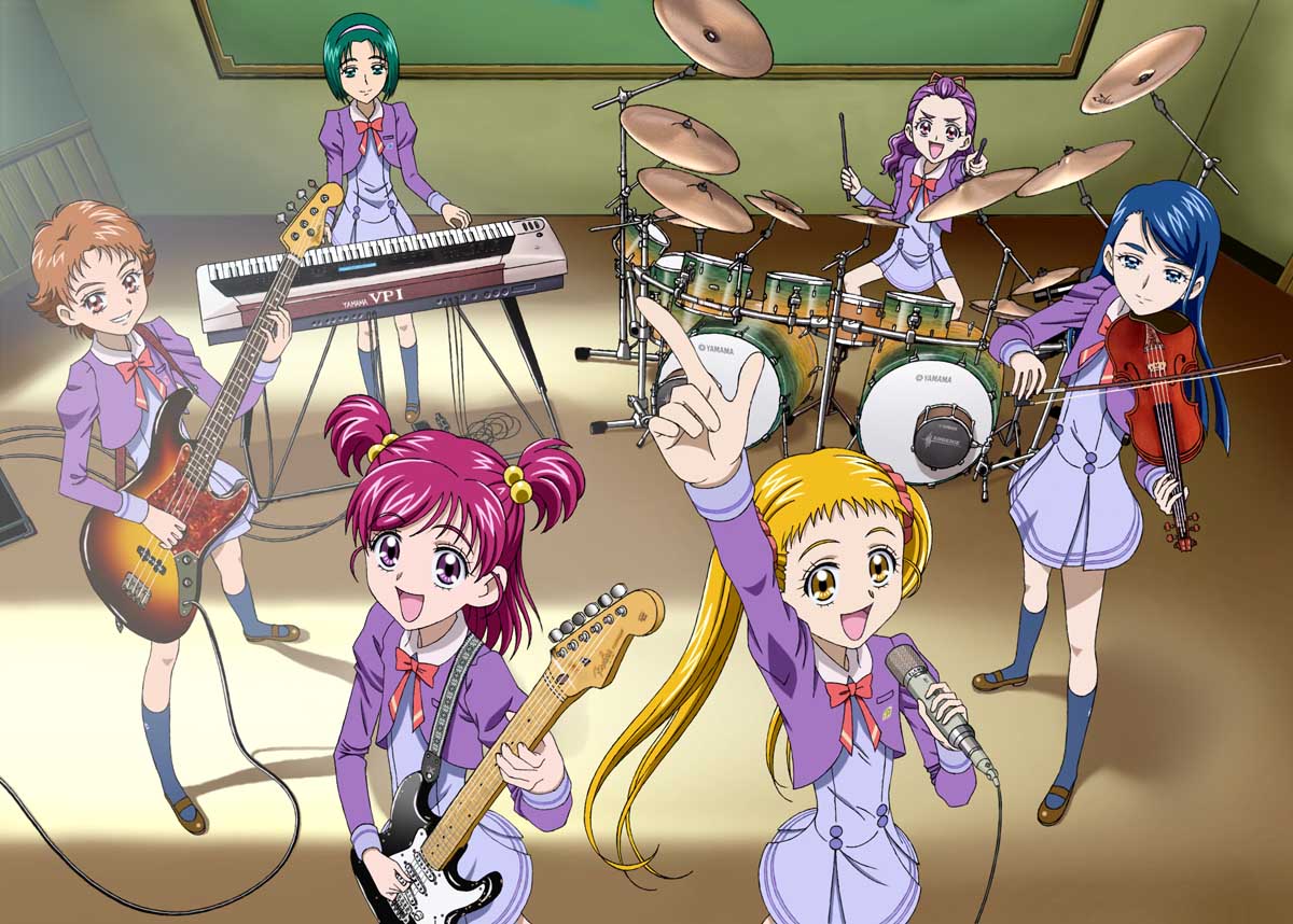 akimoto_komachi, asahina_(asahinatei), band, bass_guitar, bow_(instrument), classroom, drum, drum_set, drumsticks, electric_guitar, fender, guitar, instrument, kasugano_urara, keyboard_(instrument), microphone, mimino_kurumi, minazuki_karen, multiple_girls, music, natsuhina, natsuki_rin, open_mouth, performing, playing_instrument, precure, school_uniform, smile, stradivarius, synthesizer, two_side_up, violin, yamaha, yes!_precure_5, yumehara_nozomi