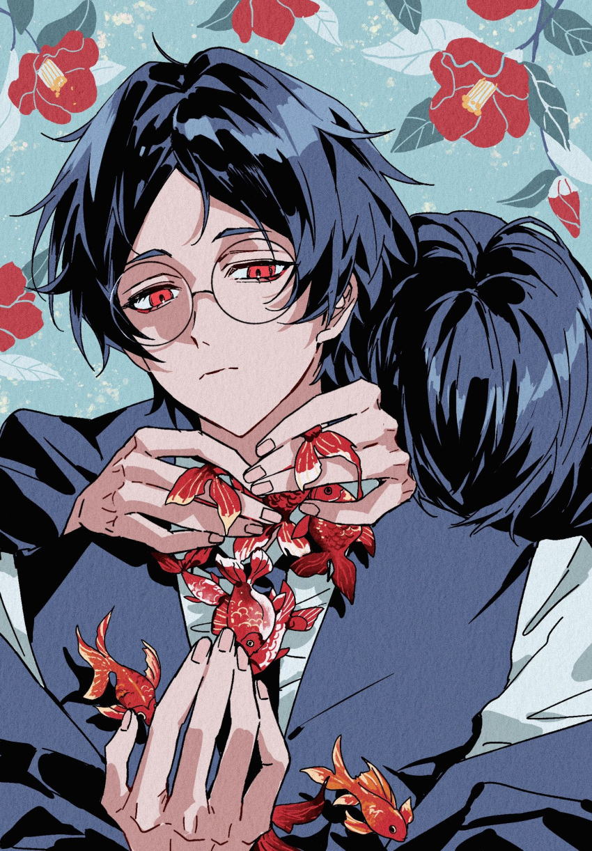 2boys, aomi_(ooe), black_hair, closed_mouth, fish, flower, glasses, goldfish