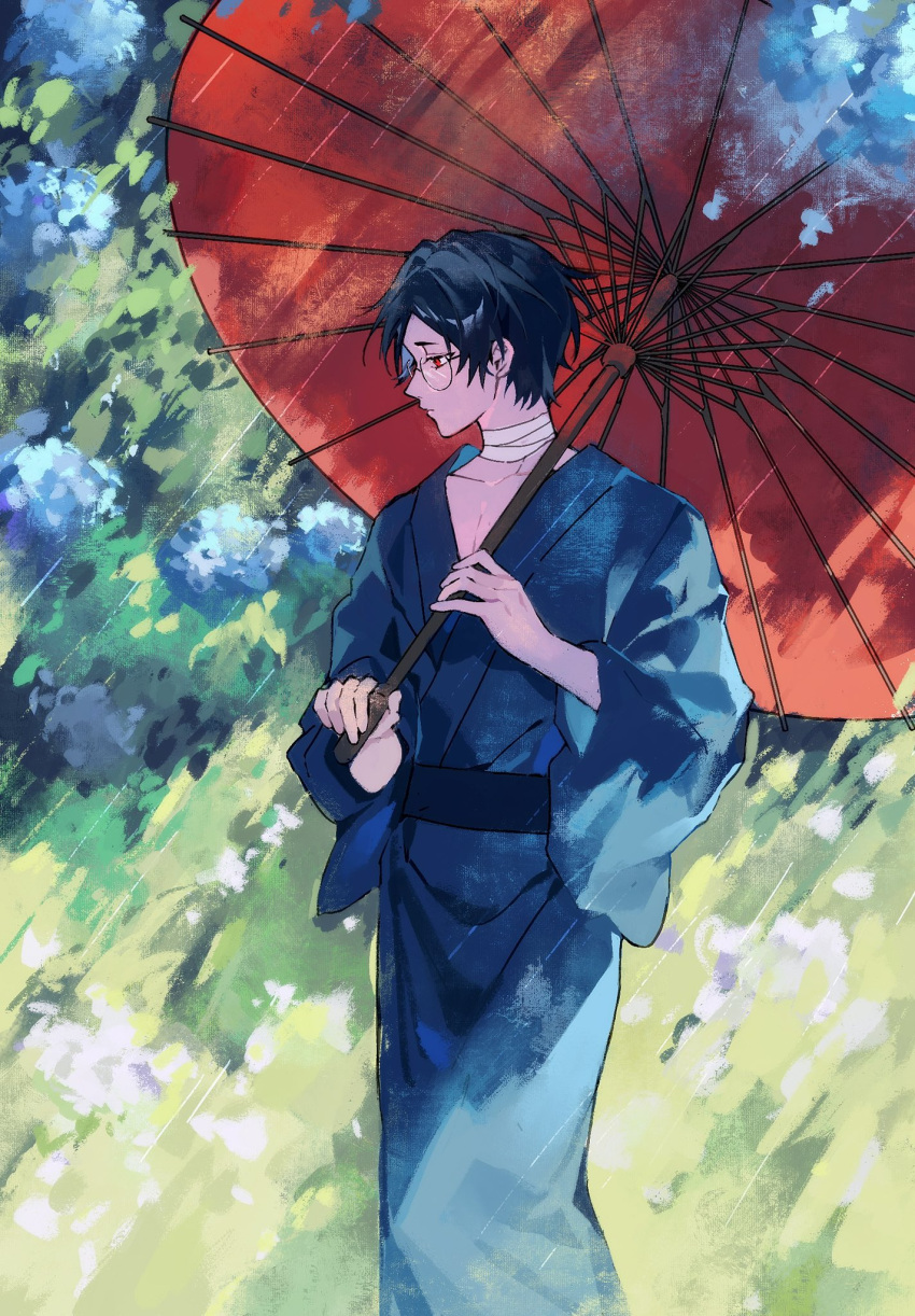 1boy, aomi_(ooe), bandages, black_hair, blue_kimono, closed_mouth, flower, glasses