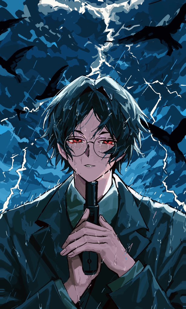 1boy, aomi_(ooe), bird, black_hair, black_jacket, coat, collared_shirt, glasses