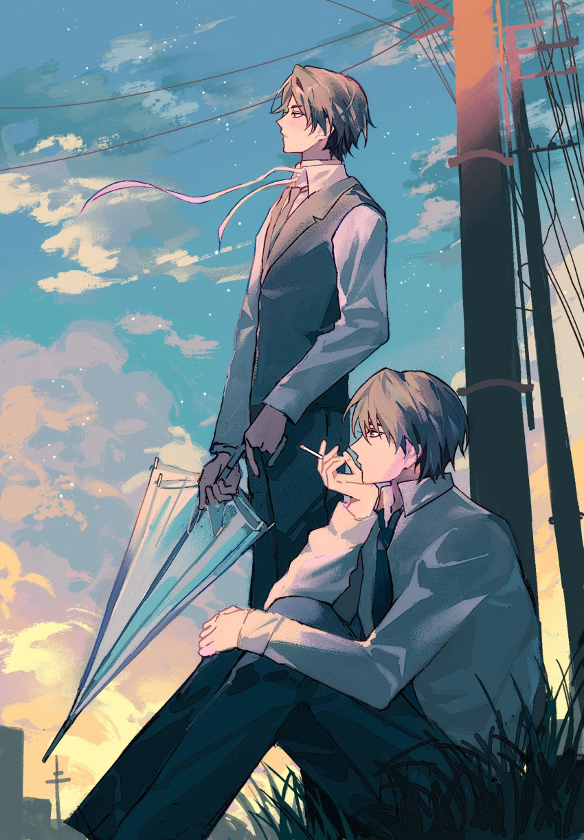2boys, aomi_(ooe), black_hair, black_pants, cigarette, clouds, collared_shirt, feet_out_of_frame