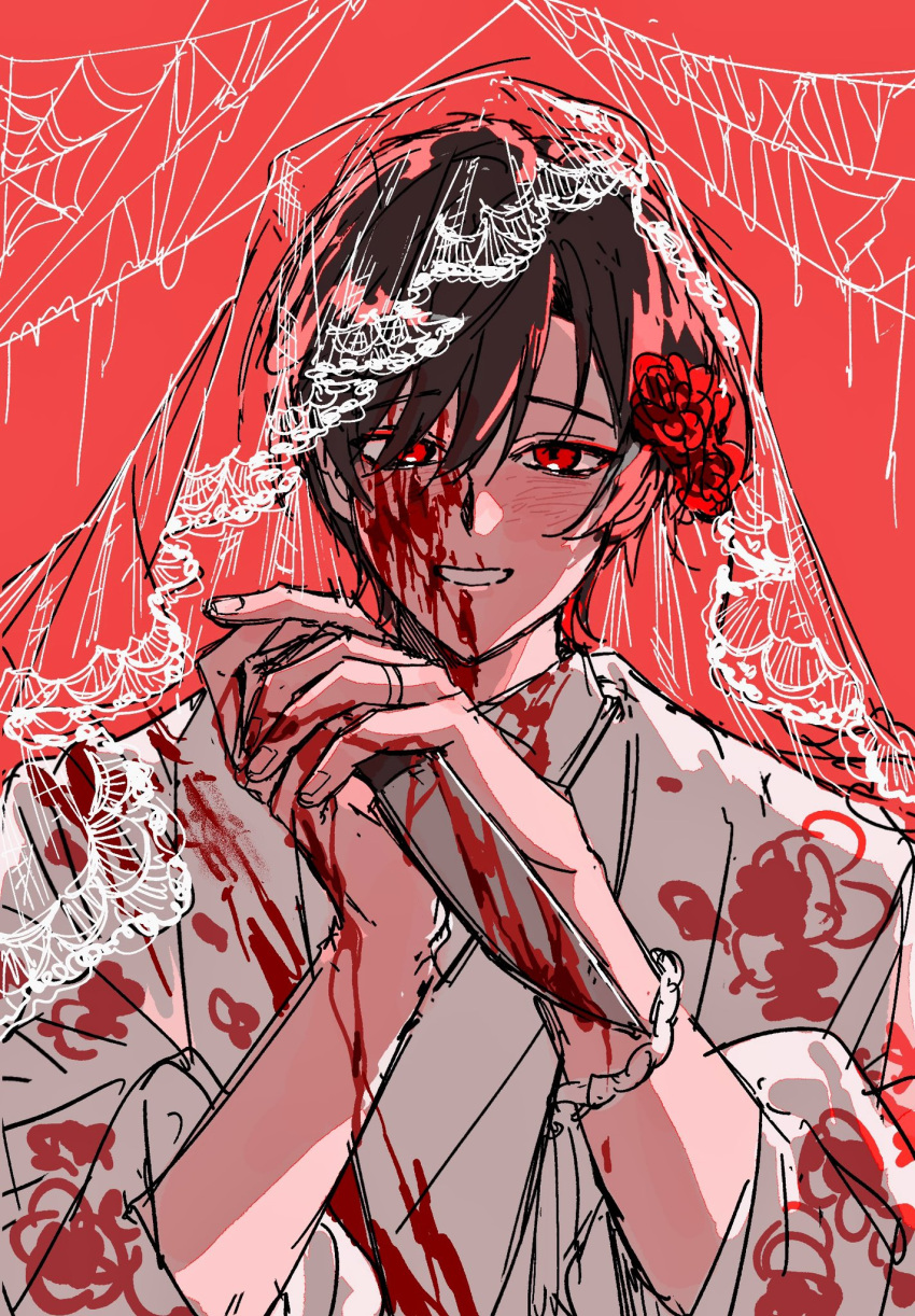 1boy, ariake_(ooe), black_hair, blood, blood_on_clothes, blood_on_face, blood_on_hands, blood_on_knife