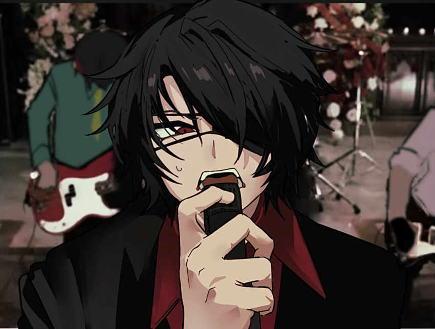 3boys, black_hair, black_jacket, blurry, collared_shirt, eyepatch, guitar, highres