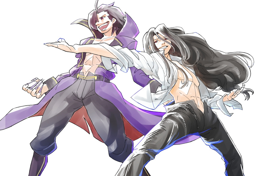 2boys, absurdres, arms_at_sides, beffen_m, black_pants, crossover, fingernails, floating_hair