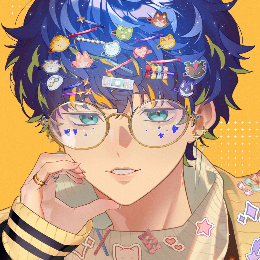 1boy, animal_hair_ornament, apolleon, aqua_eyes, arecos, astel_leda, astel_leda_(fall/winter), bandaid
