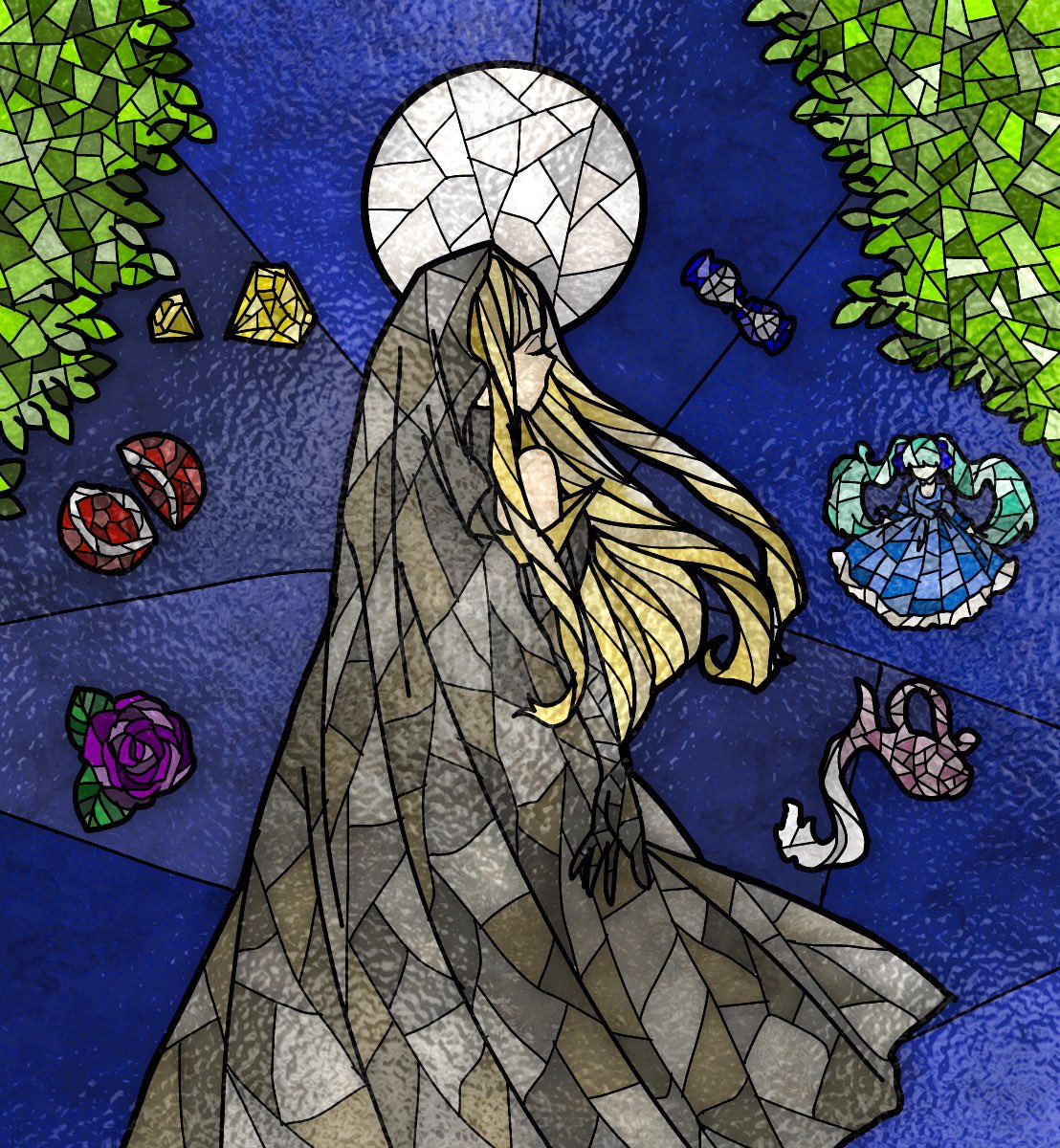 1girl, alternate_hair_color, bare_shoulders, black_cloak, black_gloves, blonde_hair, blue_sky, chrono_story_(vocaloid)