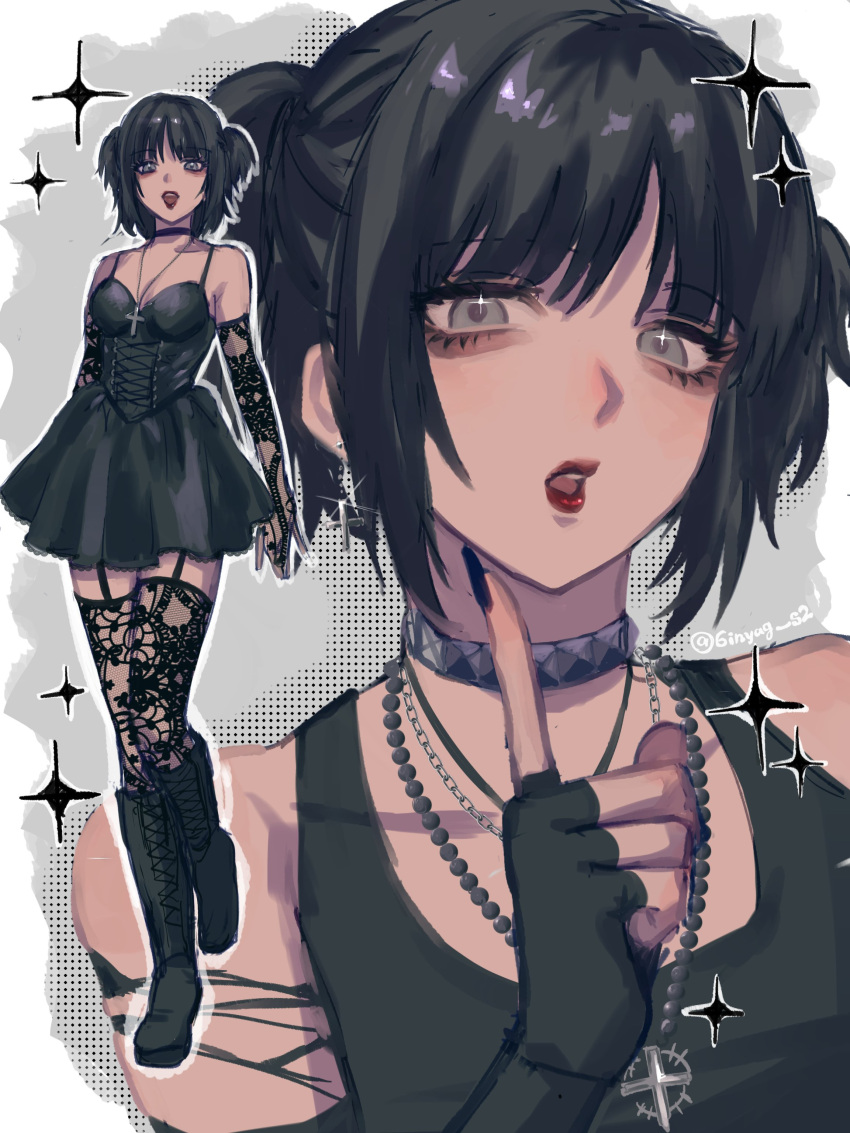1girl, absurdres, bare_shoulders, black_boots, black_choker, black_dress, black_gloves, black_hair