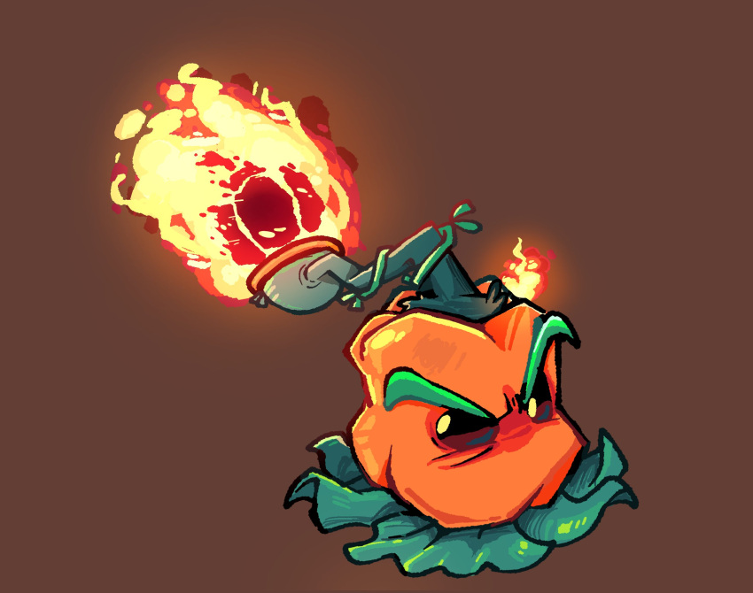 brown_background, fire, highres, kinomotoroka, leaf, no_humans, pepper-pult, plants_vs._zombies