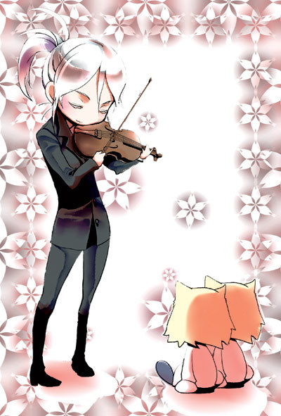 blonde_hair, cat_ears, closed_eyes, eyes_closed, formal, from_behind, instrument, melty_blood