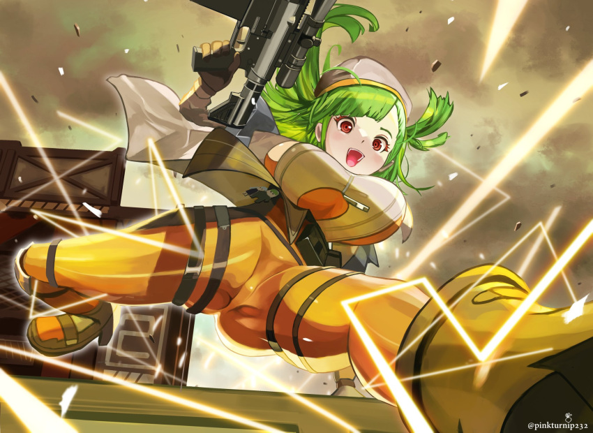 1girl, :d, arm_behind_back, belka_(girls'_frontline_2), beret, blush, bodysuit, boots