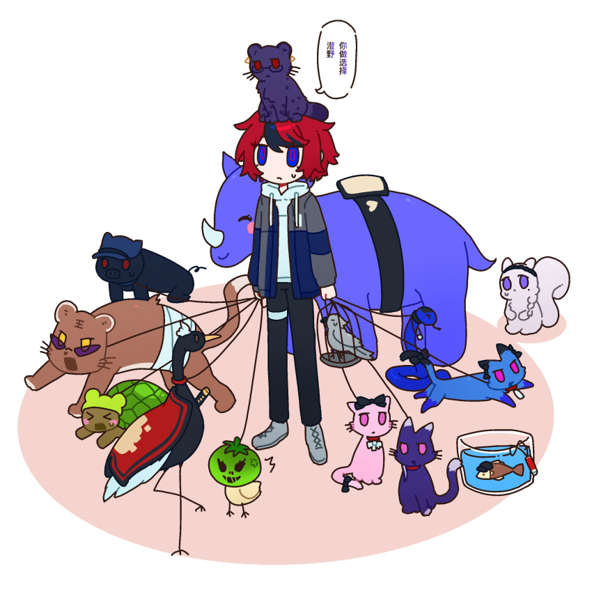 !!_(lingyou31355), >_<, ..., 1boy, absurdres, amemiya_darumi, animal_ear_piercing, animal_on_head