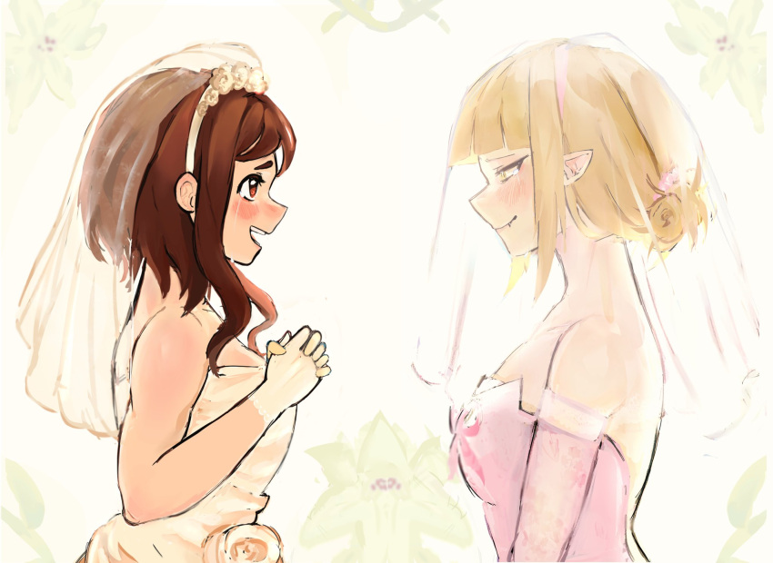 2girls, blonde_hair, blush, boku_no_hero_academia, bridal_veil, bride, brown_hair, couple