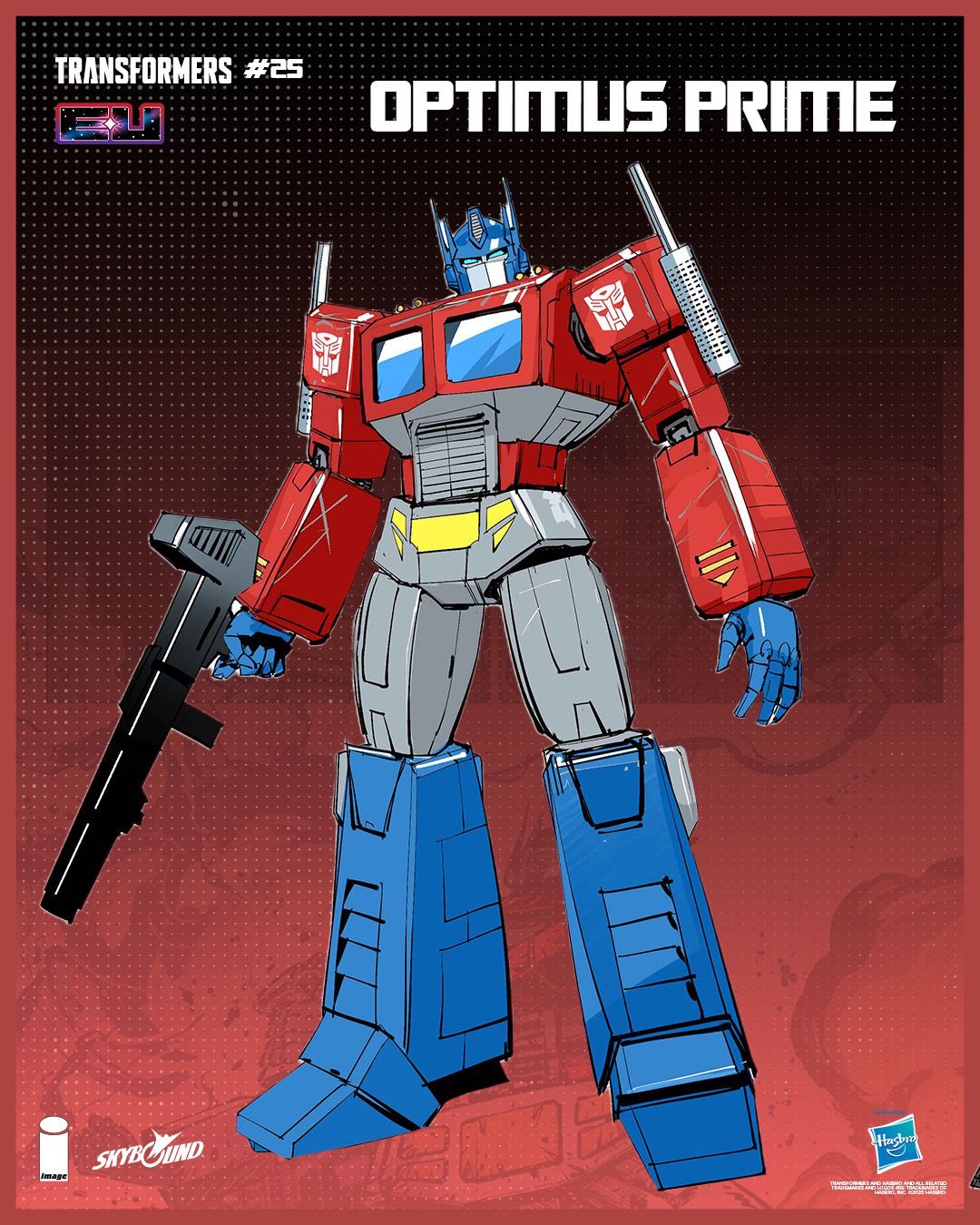 1boy, autobot, blue_eyes, copyright_name, dan_mora, gun, highres, holding, holding_gun, holding_weapon, humanoid_robot, joints, looking_at_viewer, mechanical_arms, mechanical_legs, no_humans, official_art, optimus_prime, optimus_prime_(skybound), robot, robot_joints, solo, transformers, transformers_(skybound), weapon, windshield