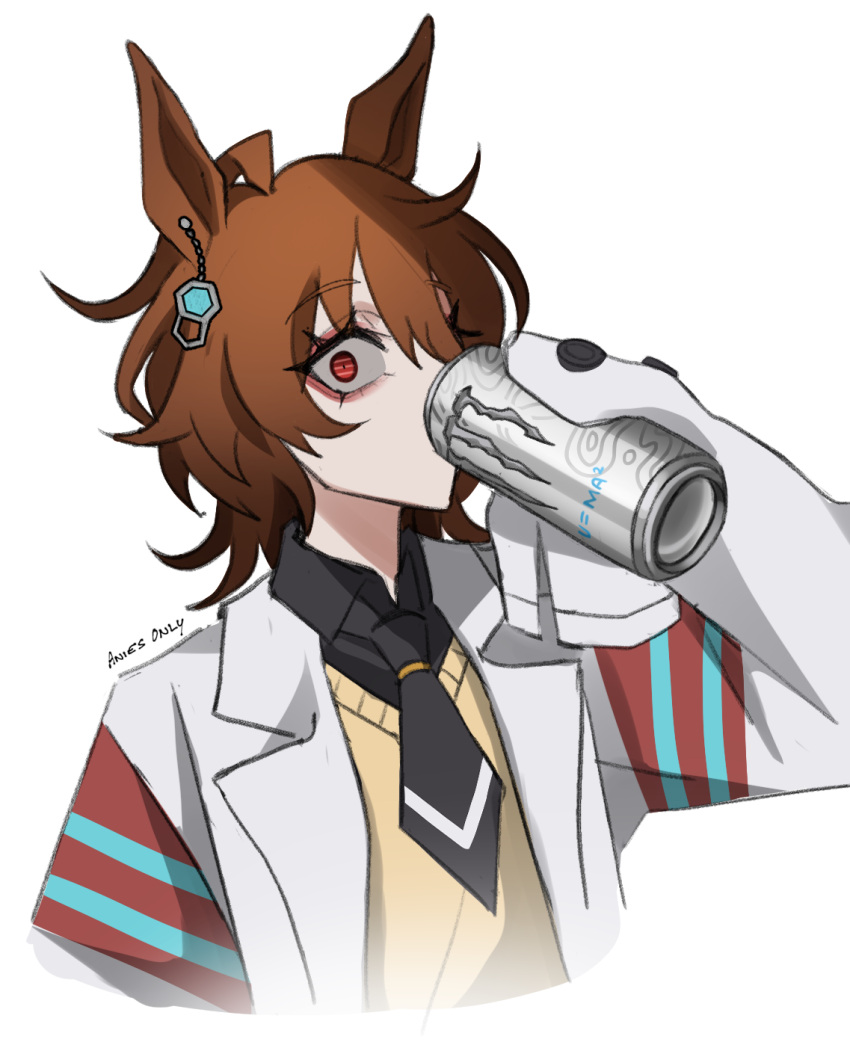 1girl, agnes_tachyon_(umamusume), ahoge, anies_kouhai, artist_name, bags_under_eyes, black_necktie, black_shirt