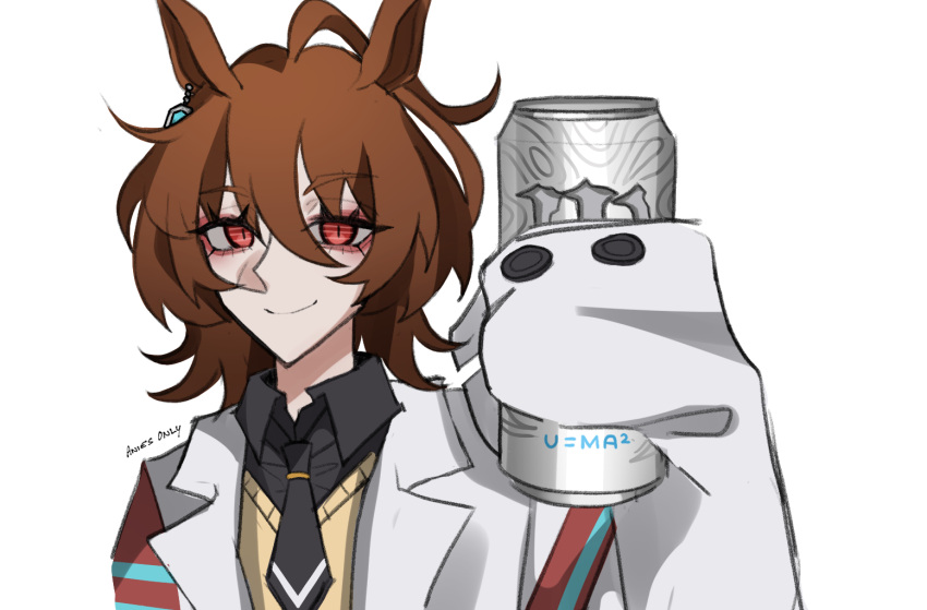 1girl, agnes_tachyon_(umamusume), ahoge, anies_kouhai, artist_name, bags_under_eyes, black_necktie, black_shirt