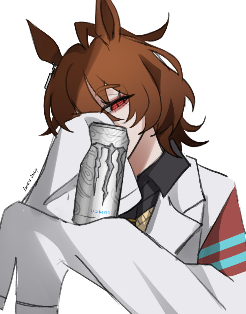 1girl, agnes_tachyon_(umamusume), ahoge, anies_kouhai, artist_name, bags_under_eyes, black_necktie, black_shirt, brown_hair, can, coat, collared_shirt, covering_face, covering_own_mouth, drink_can, ear_ornament, earrings, hair_between_eyes, hands_up, highres, holding, holding_can, huge_ahoge, jewelry, lab_coat, long_sleeves, looking_at_viewer, monster_energy, multicolored_hair, necktie, open_clothes, open_coat, red_eyes, shirt, short_necktie, signature, simple_background, single_earring, sleeves_past_fingers, sleeves_past_wrists, solo, sweater, umamusume, white_background, white_coat, yellow_sweater