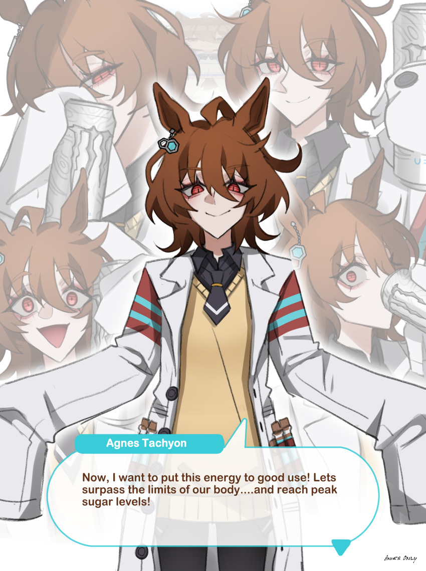 1girl, agnes_tachyon_(umamusume), ahoge, anies_kouhai, artist_name, bags_under_eyes, black_necktie, black_pantyhose, black_shirt, brown_hair, can, character_name, chemical_structure, closed_mouth, coat, collared_shirt, cork, drink_can, drinking, ear_ornament, earrings, hair_between_eyes, hand_up, hands_up, hem_peeking_out, highres, holding, holding_can, huge_ahoge, jewelry, lab_coat, long_sleeves, looking_at_viewer, monster_energy, multicolored_hair, multiple_views, necktie, no_pants, open_clothes, open_coat, pantyhose, red_eyes, shirt, short_necktie, signature, simple_background, single_earring, sleeves_past_fingers, sleeves_past_wrists, smile, solo, speech_bubble, sweater, test_tube, umamusume, white_background, white_coat, wolf_cut, yellow_sweater