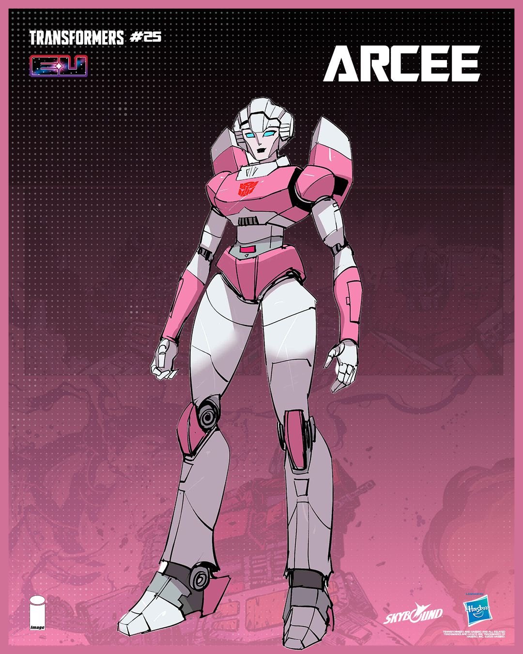 1girl, arcee, autobot, blue_eyes, copyright_name, dan_mora, highres, humanoid_robot