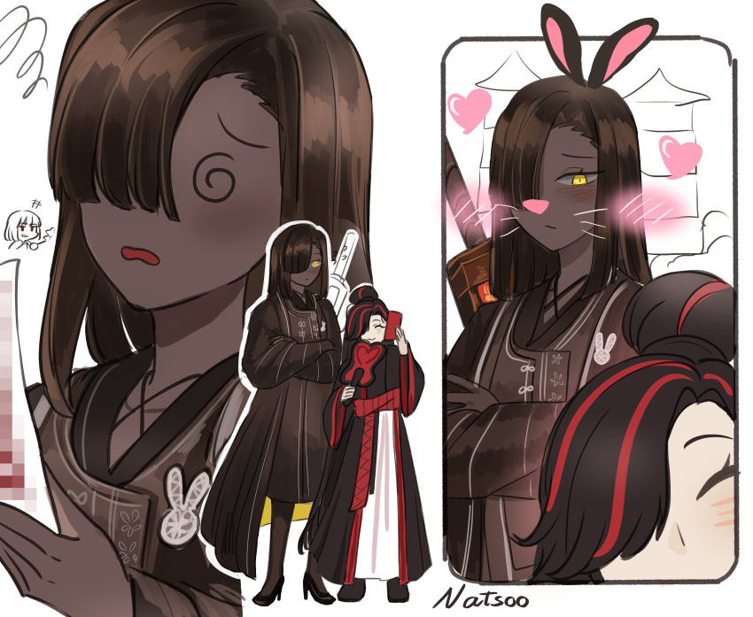3girls, @_@, absurdres, animal_ears, black_hair, black_hanfu, blush, censored