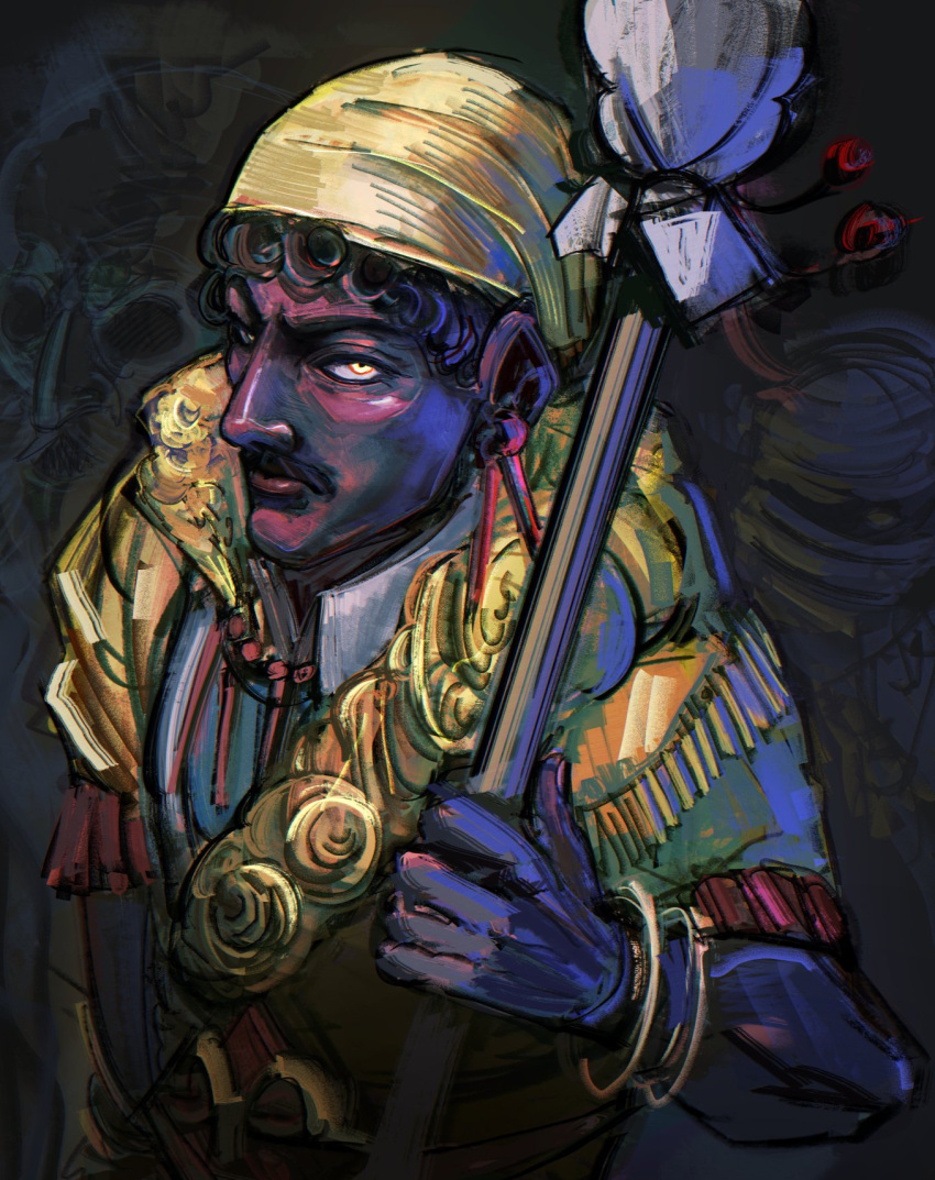 1boy, 7ggforp, african_clothes, black_hair, bracelet, commentary, curly_hair, dark-skinned_male