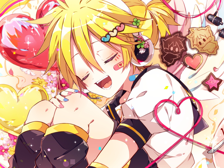 1boy, :d, ai_kotoba_iv_(vocaloid), arm_warmers, balloon, bandaid, bandaid_on_cheek, bandaid_on_face, bandaid_on_neck, bass_clef, black_sailor_collar, black_shorts, blonde_hair, blue_nails, blush, closed_eyes, commentary_request, cookie, double-parted_bangs, feet_out_of_frame, food, hair_between_eyes, hand_on_own_knee, heart, heart_balloon, heart_of_string, highres, kagamine_len, kaho_0102, leg_warmers, male_focus, multicolored_nails, nail_polish, open_mouth, pink_nails, sailor_collar, shirt, short_hair, short_sleeves, shorts, smile, solo, star_(symbol), vocaloid, white_shirt