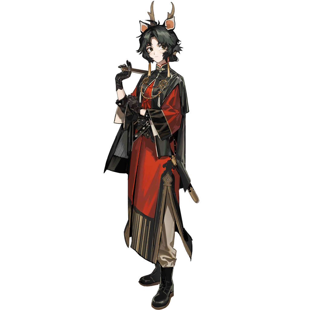 1girl, animal_ears, antlers, arknights, black_gloves, black_hair, brown_pants, chinese_clothes