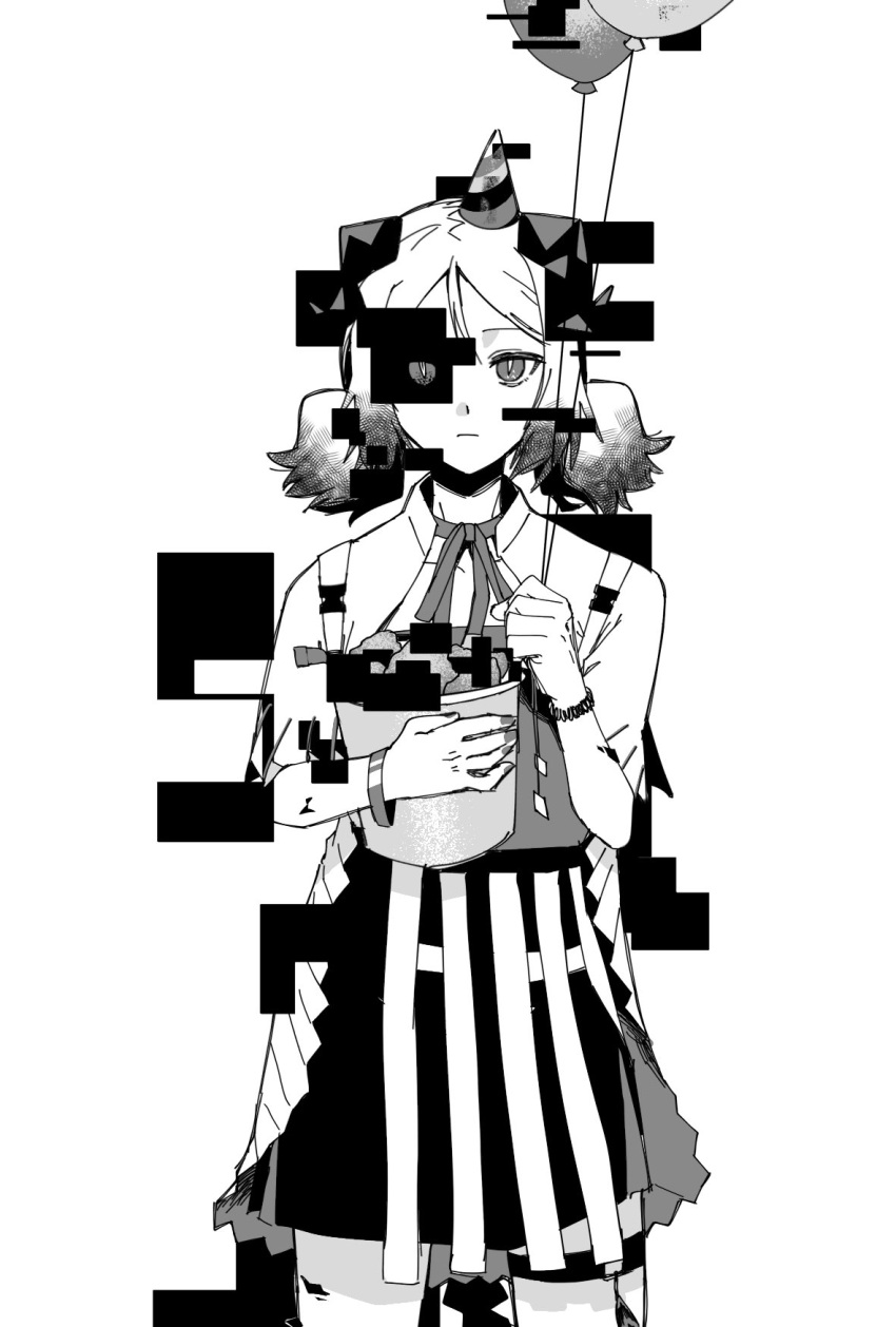 1girl, arknights, balloon, closed_mouth, glitch, hat, highres, holding