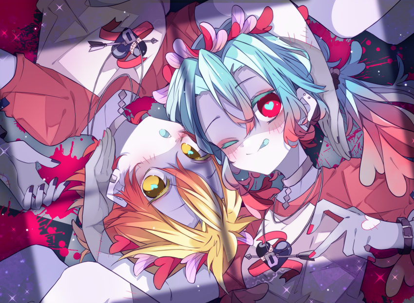 1boy, 1girl, :o, ;p, black_nails, blonde_hair, blue_hair, blue_tongue, blush, choker, closed_mouth, colored_tongue, commentary_request, double-parted_bangs, grey_choker, hair_between_eyes, hatsune_miku, heart, heart-shaped_pupils, jewelry, kagamine_len, kaho_0102, long_hair, looking_at_viewer, lying, necklace, on_back, one_eye_closed, open_mouth, patchwork_skin, red_eyes, red_nails, red_shirt, shirt, short_hair, short_sleeves, smile, stitched_face, stitches, symbol-shaped_pupils, tongue, tongue_out, upper_body, vocaloid, yellow_eyes, zombie_(vocaloid), zombification