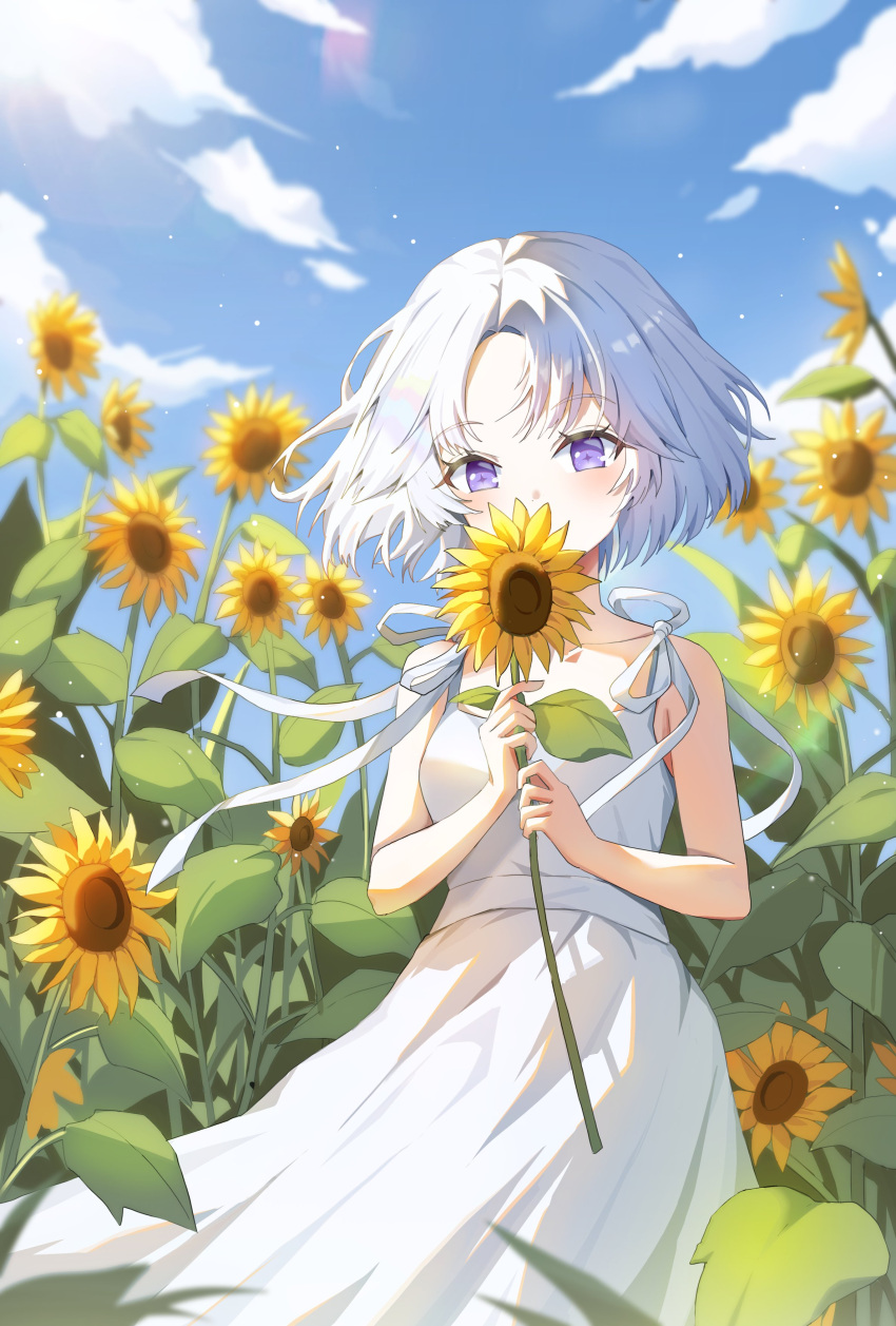 1girl, absurdres, aoba_nene, ayatsuno_yuni, blue_sky, blush, clouds, collarbone