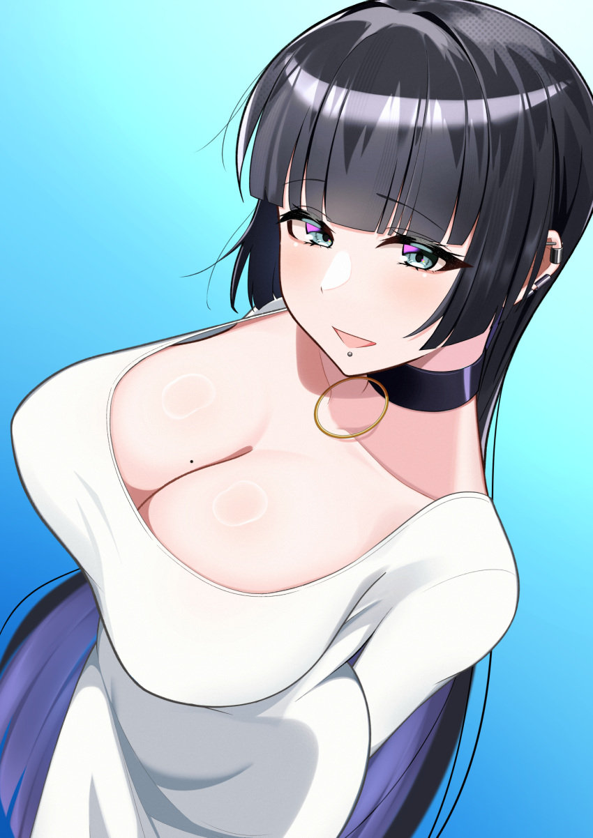 1girl, aqua_eyes, barbell_piercing, bigthirteen0301, black_choker, black_hair, blue_background, blunt_bangs