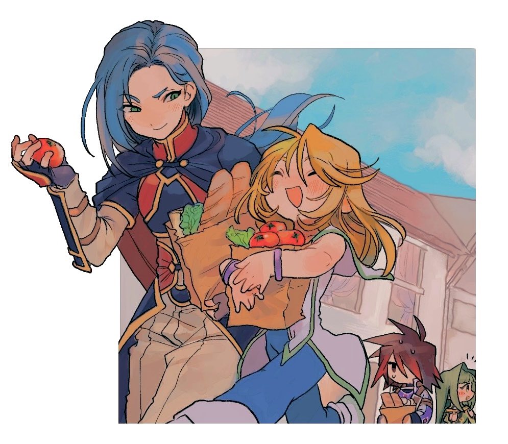 ankle_boots, apple, armor, bag, belt, blonde_hair, blue_cloak, blue_hair