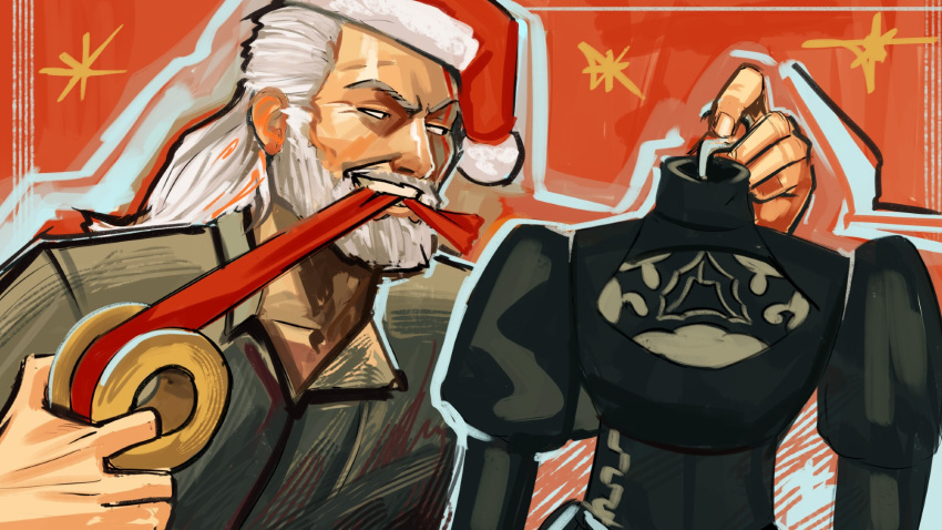 1boy, 2b_(nier:automata), beard, black_dress, dress, facial_hair, geralt_of_rivia, grin