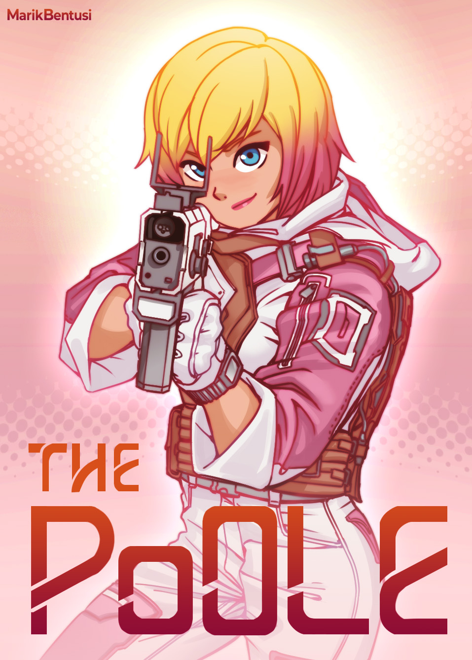 1girl, aiming, aiming_at_viewer, blonde_hair, gloves, gradient_hair, gun, gwenpool
