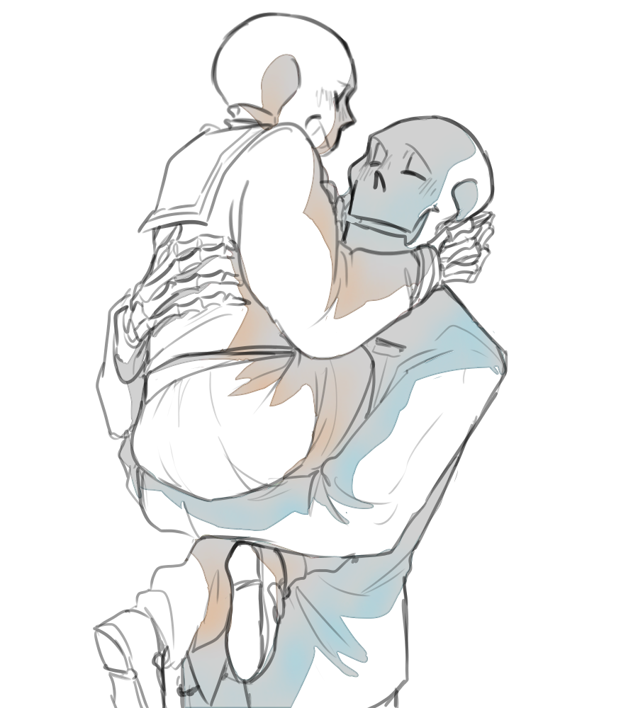 2017, 2boys, 2d, alternate_costume, brothers, carrying, carrying_person, closed_eyes, digital_media, duo, eli-sin-g, height_difference, humanoid, male, male_focus, male_only, monster, monster_boy, multiple_boys, papyrus_(undertale), sans_(undertale), school_uniform, serafuku, siblings, simple_background, skeleton, teeth, undead, undertale, utdr_(toby_fox), white_background