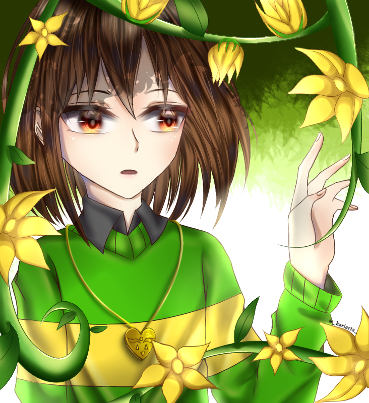 1other, 2020, 2d, akariyunmaa, ambiguous_gender, artist_name, brown_hair, chara_(undertale), commentary, delta_rune_(symbol), digital_media, english_commentary, flower, golden_flower_(undertale), gradient_background, green_background, green_sweater, hand_up, heart_necklace, horizontal-striped_clothes, human, human_only, jewelry, locket, necklace, other_focus, plant, red_eyes, short_hair, simple_background, solo, striped_clothes, striped_sweater, sweater, two-tone_background, two-tone_sweater, undertale, upper_body, utdr_(toby_fox), vines, white_background, yellow_flower, yellow_stripes