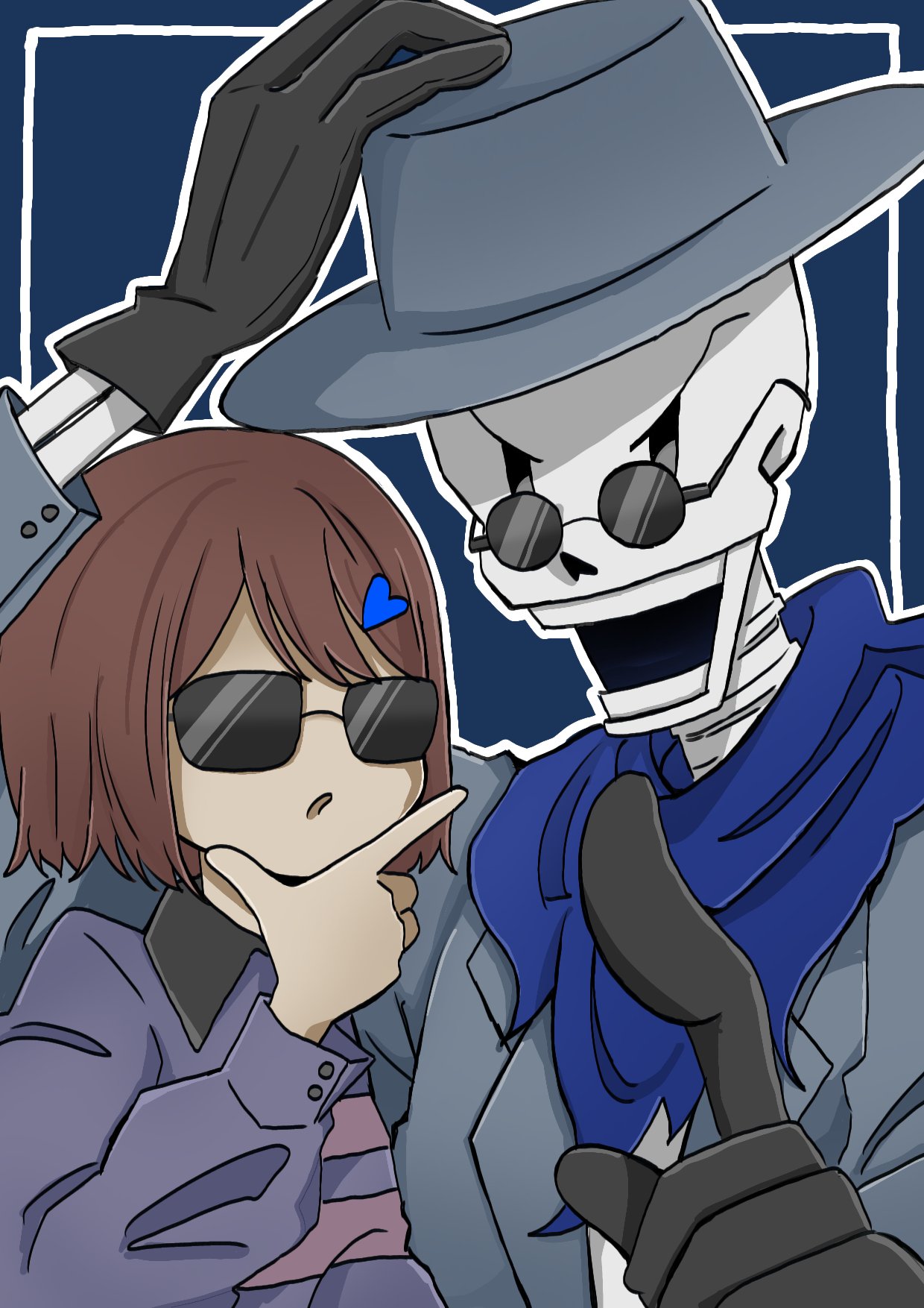1boy, 1other, 2024, 2d, alternate_costume, ambiguous_gender, black_gloves, black_hat