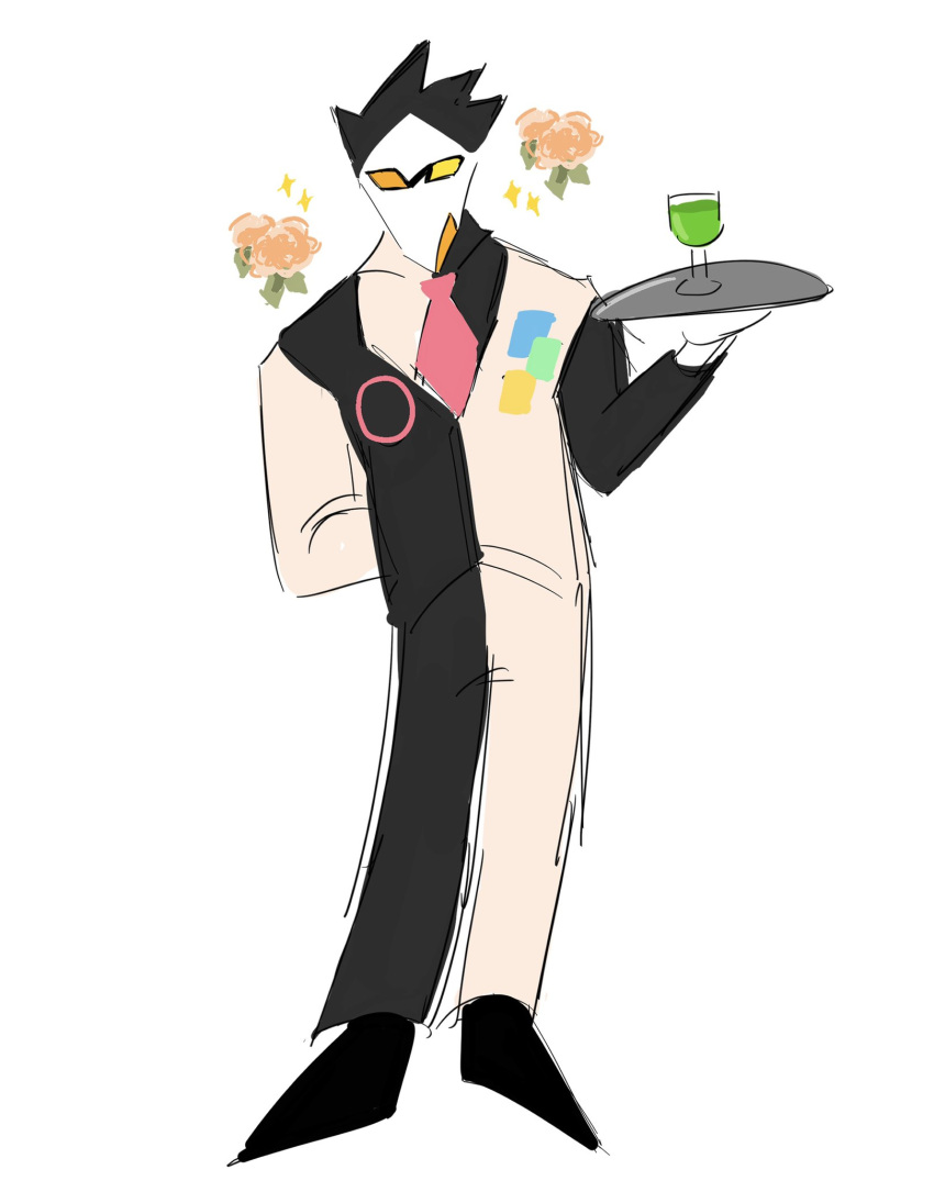 1boy, 2021, 2d, arm_behind_back, black_hair, black_pants, black_suit, butler