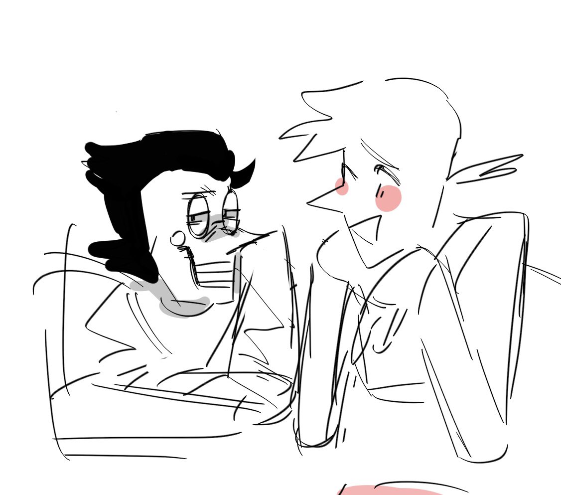 2021, 2boys, 2d, addison_(deltarune), black_hair, cropped_torso, deltarune, digital_media, duo, glasses, looking_away, male, male_focus, male_only, multiple_boys, pointy_nose, short_hair, simple_background, sketch, spamton_g._spamton, symbol-only_commentary, tttarisha, utdr_(toby_fox), white_background, white_skin