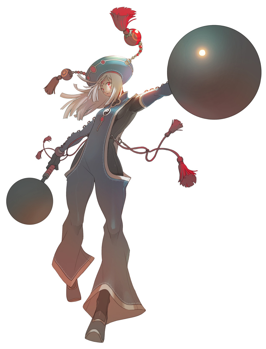 bodysuit, elbow_gloves, facial_mark, gloves, hat, highres, juuden, long_hair, original, red_eyes, solo, tassel, tattoo, unitard, weapon, white_hair, yin_yang