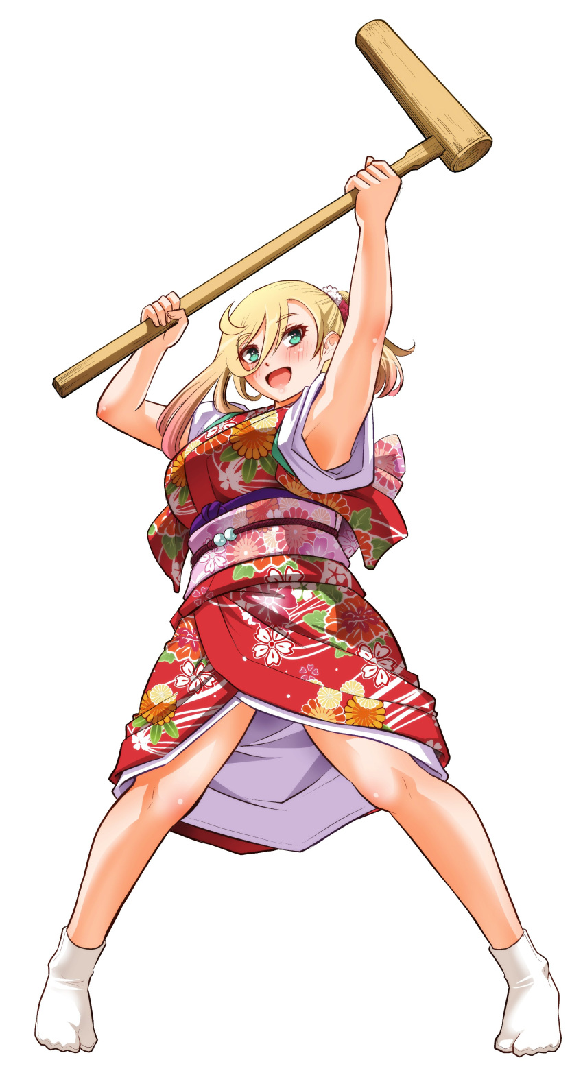 1girl, absurdres, armpits, arms_up, bare_arms, blonde_hair, blush, breasts