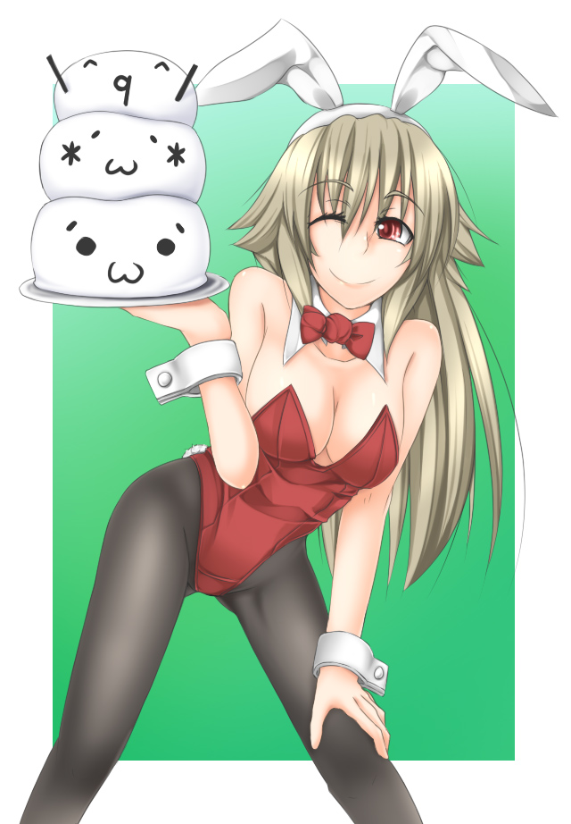 black_legwear, breasts, bunnysuit, cleavage, food, mitsuki_(toriaezu), mochi, orange_eyes