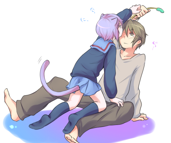 barefoot, brown_eyes, brown_hair, cardigan, cat_ears, cat_teaser, error, koizumi_itsuki, nagato_yuki, nouzu, purple_hair, school_uniform, short_hair, suzumiya_haruhi_no_yuuutsu, sweater