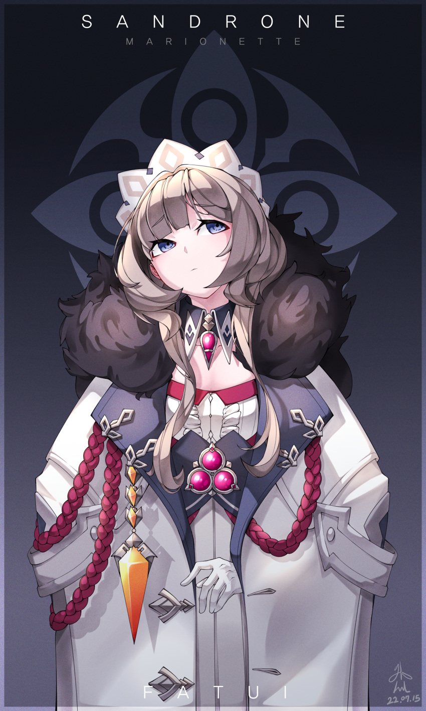 1girl, absurdres, breasts, brown_eyes, brown_hair, closed_mouth, coat, dress