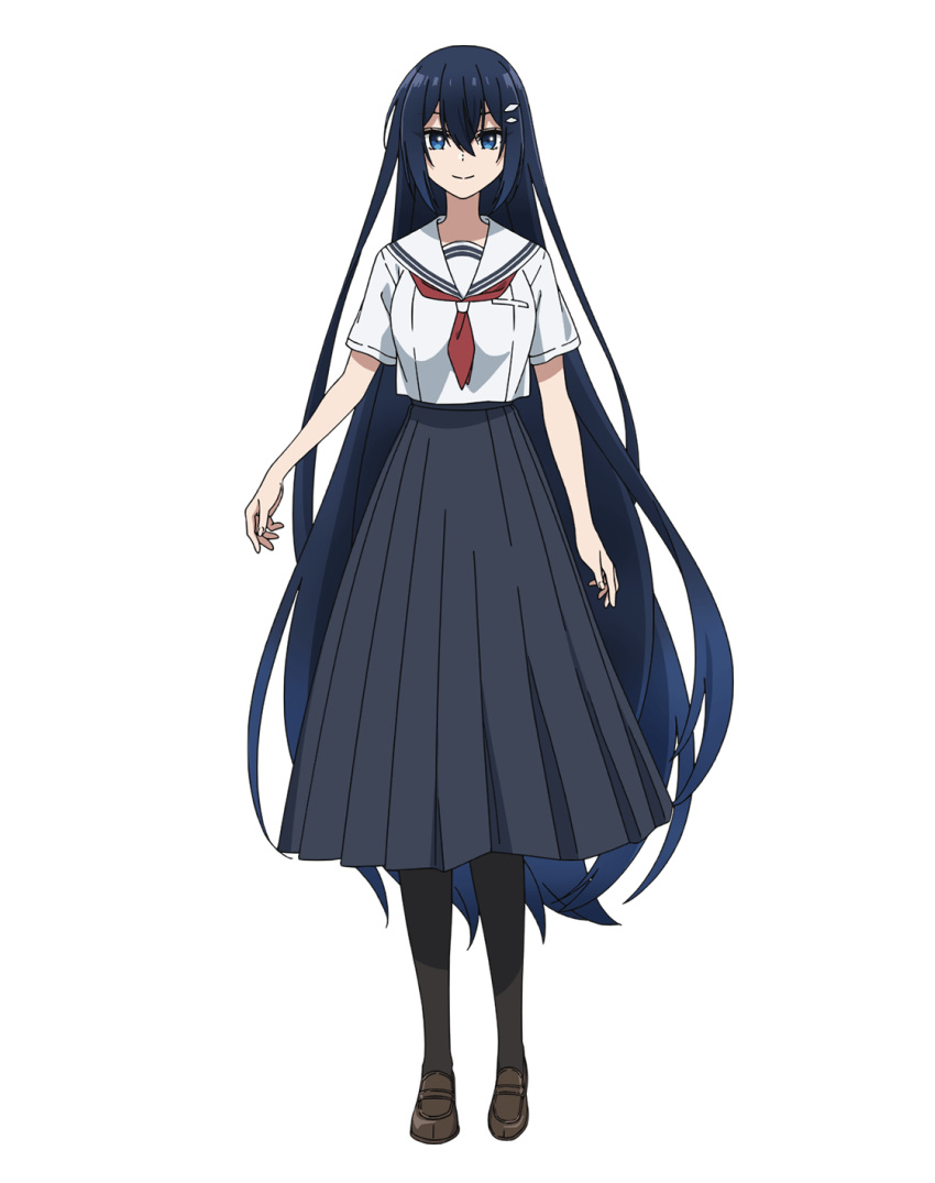 1girl, anime_coloring, black_pantyhose, black_skirt, blue_eyes, breasts, brown_shoes, closed_mouth, crossed_bangs, full_body, hair_between_eyes, hair_ornament, hairclip, highres, ikuyama_sou, large_breasts, loafers, long_hair, long_skirt, long_sleeves, looking_at_viewer, neckerchief, official_art, oumi_shiori, pantyhose, pleated_skirt, red_neckerchief, sailor_collar, school_uniform, serafuku, shirt, shoes, short_sleeves, sidelocks, simple_background, skirt, smile, solo, standing, transparent_background, very_long_hair, watashi_wo_tabetai_hitodenashi, white_serafuku