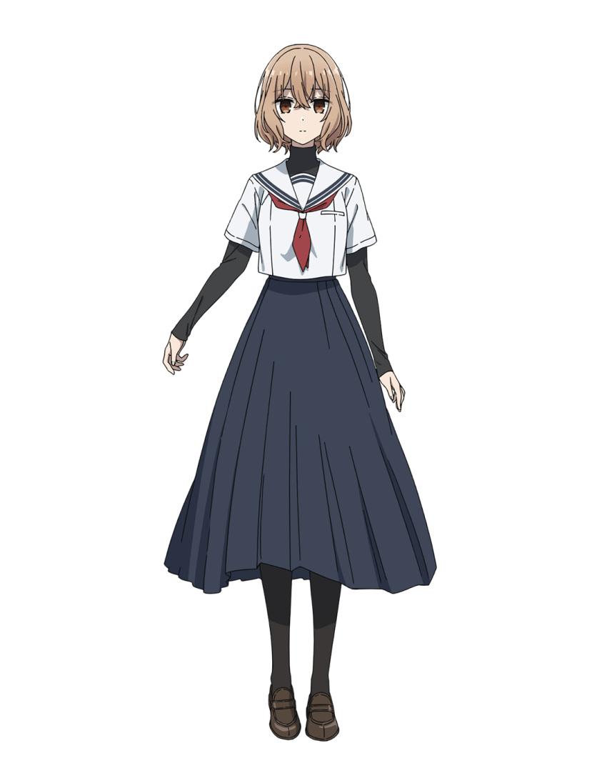 1girl, anime_coloring, black_pantyhose, black_shirt, black_skirt, breasts, brown_eyes, brown_hair