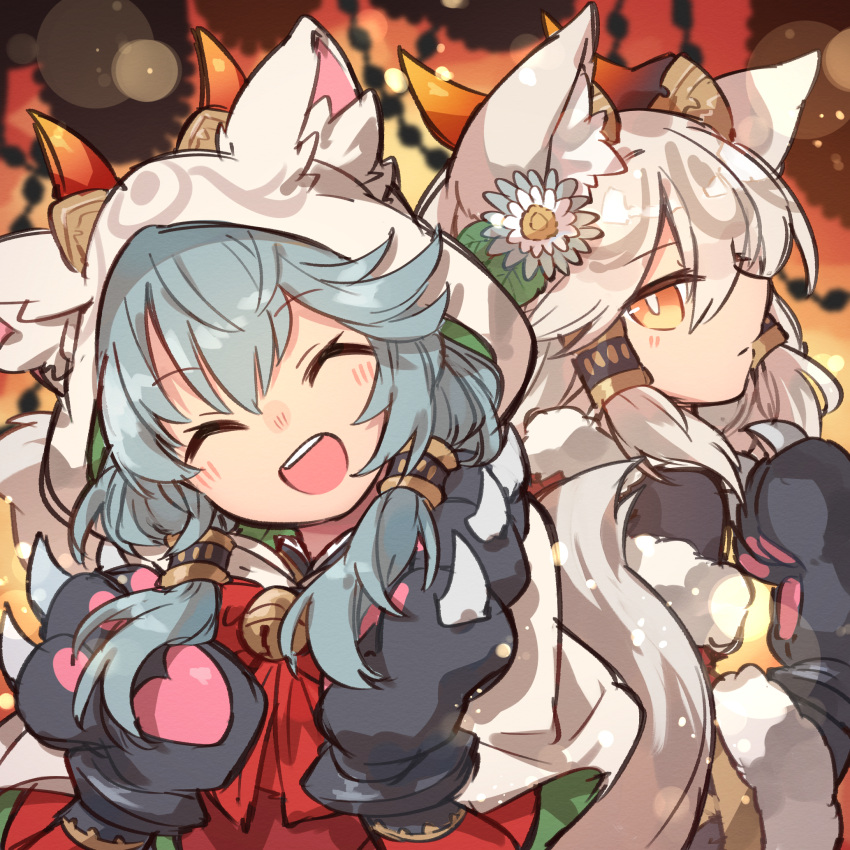 2girls, animal_ears, animal_hands, bell, cat_paws, closed_eyes, demon_horns, flower