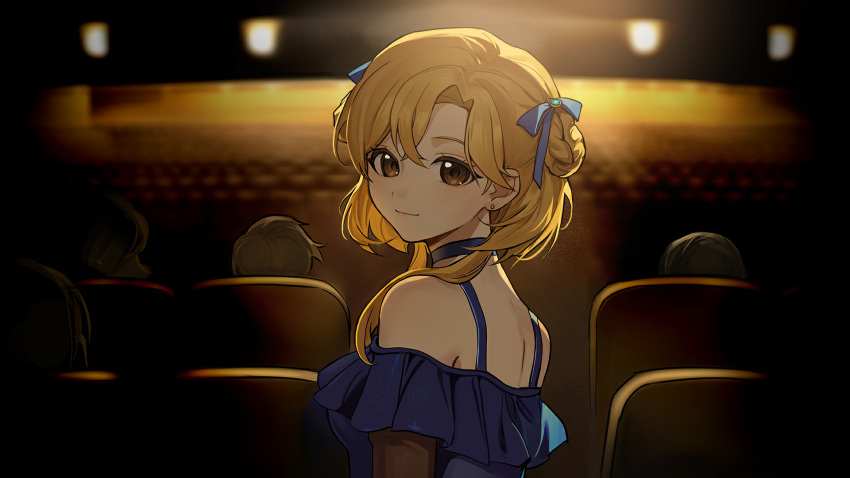1girl, backlighting, blonde_hair, blue_choker, brown_eyes, choker, hair_over_shoulder, highres, indoors, leclle, lee_(volcano_princess), light_smile, looking_at_viewer, looking_back, official_art, rose_fryberg, short_hair_with_long_locks, solo_focus, swept_bangs, upper_body, volcano_princess